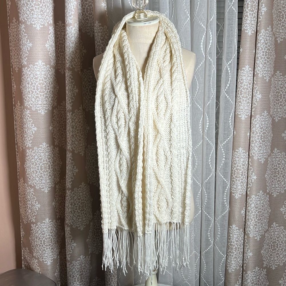 Cozy Off-White Cable Knit Scarf with Fringe